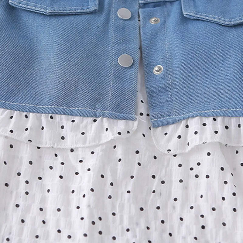 Girls White Polka Dot Spaghetti Strap A-line Dress with Denim Jacket Casual Dresses