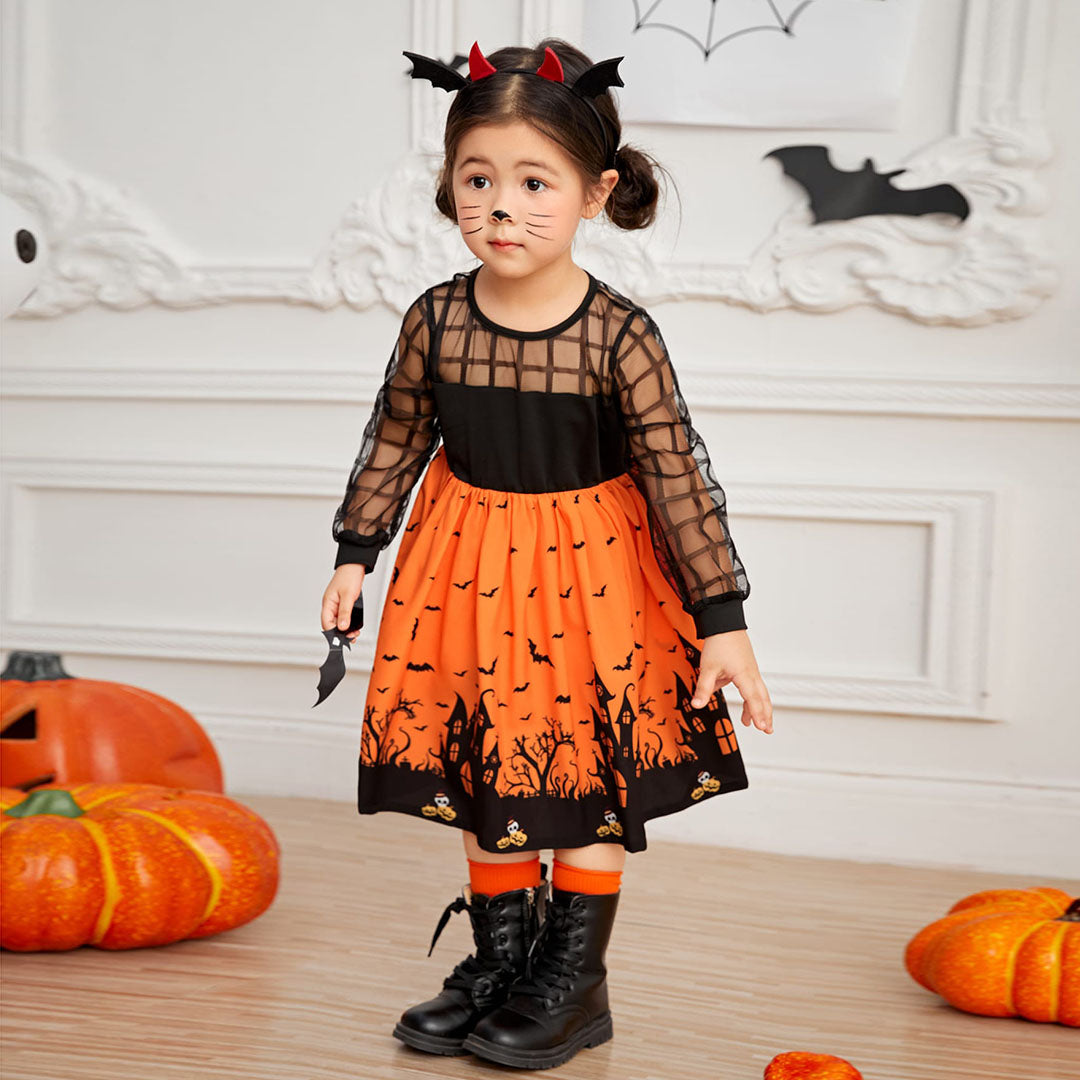Girls Orange-Black Full Sleeves Halloween Costume Dress Casual Dresses