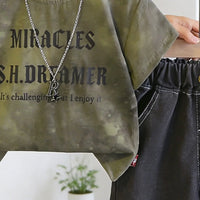 Boys Green Typographic Printed T-Shirt With Denim Shorts Sets Sets