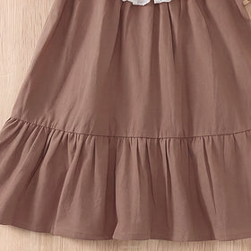 Girls Brown Embroidered Puff Sleeve A-line Dress Casual Dresses