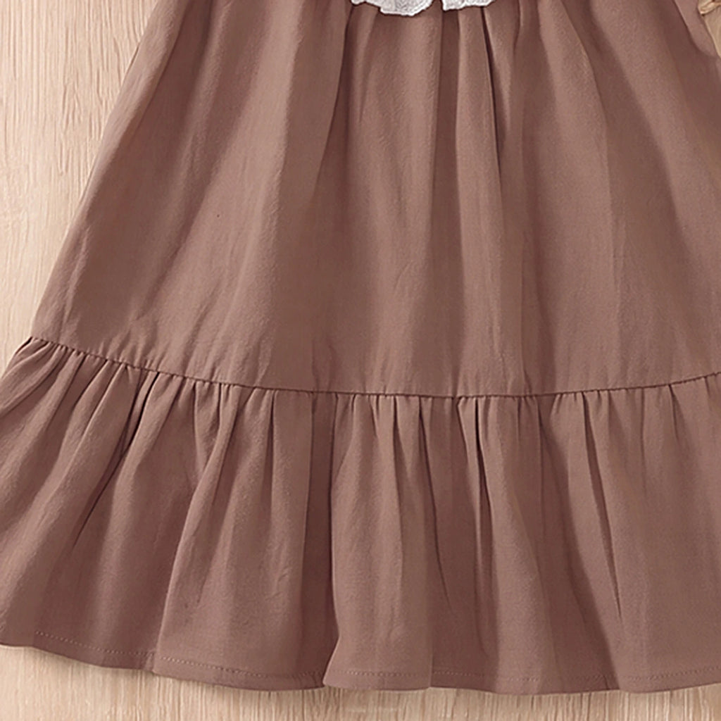 Girls Brown Embroidered Puff Sleeve A-line Dress Casual Dresses
