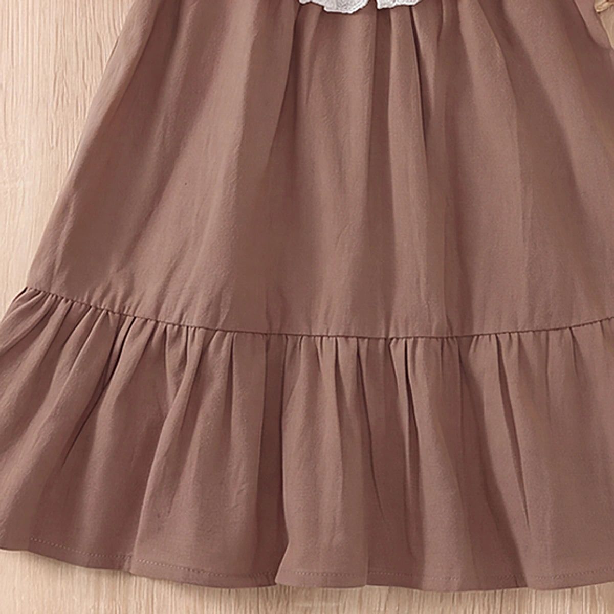 Girls Brown Embroidered Puff Sleeve A-line Dress Casual Dresses