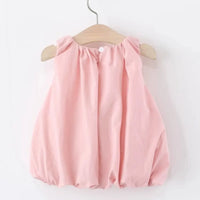 Girls Pink Solid Sleeveless Balloon Dress With Bow Details Casual Dresses