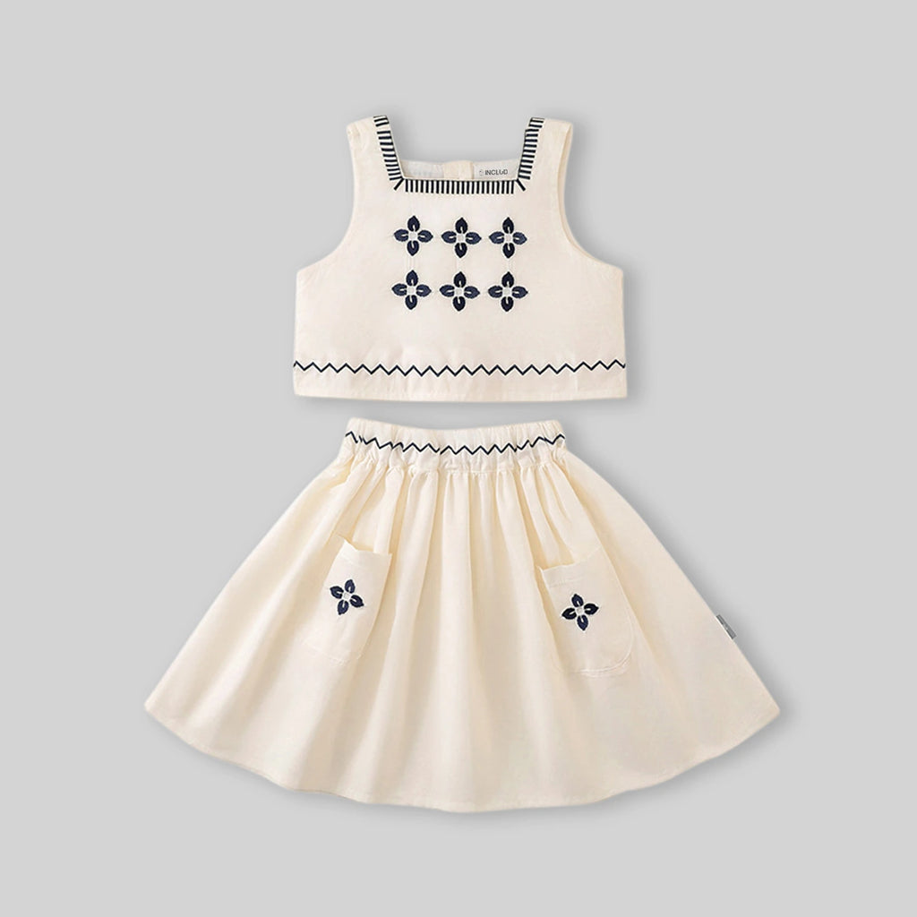 Girls Off White Sleeveless Embroidered Top With Skirt Sets Sets