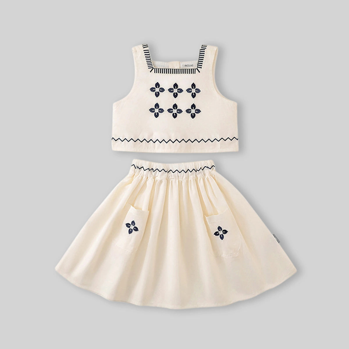Girls Off White Sleeveless Embroidered Top With Skirt Sets Sets