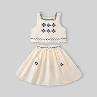 Girls Off White Sleeveless Embroidered Top With Skirt Sets Sets