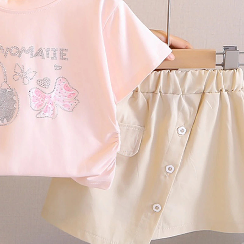 Girls Pink Handbag Graphic Short Sleeve T-Shirt With Asymmetric Shorts Sets 2 pc. Sets