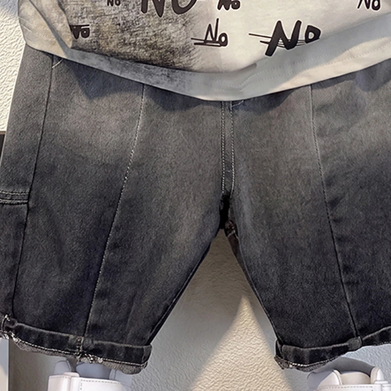 Boys Beige Short Sleeve Typography Print T-Shirt With Denim Shorts Sets 2 pc. Sets
