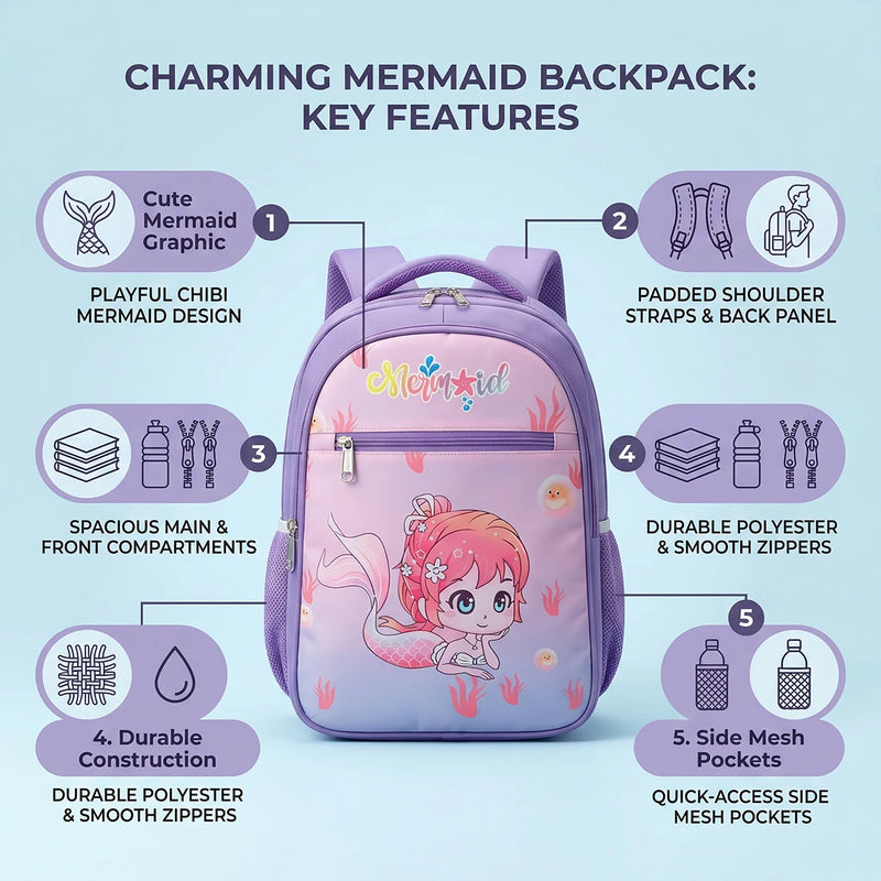 Girls Purple Mermaid Print School Backpack Trending Accessories