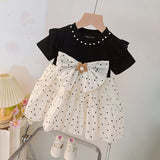 Girls Black Polka Dot Printed Short Sleeve Fit & Flare Dress with Embellished Neck