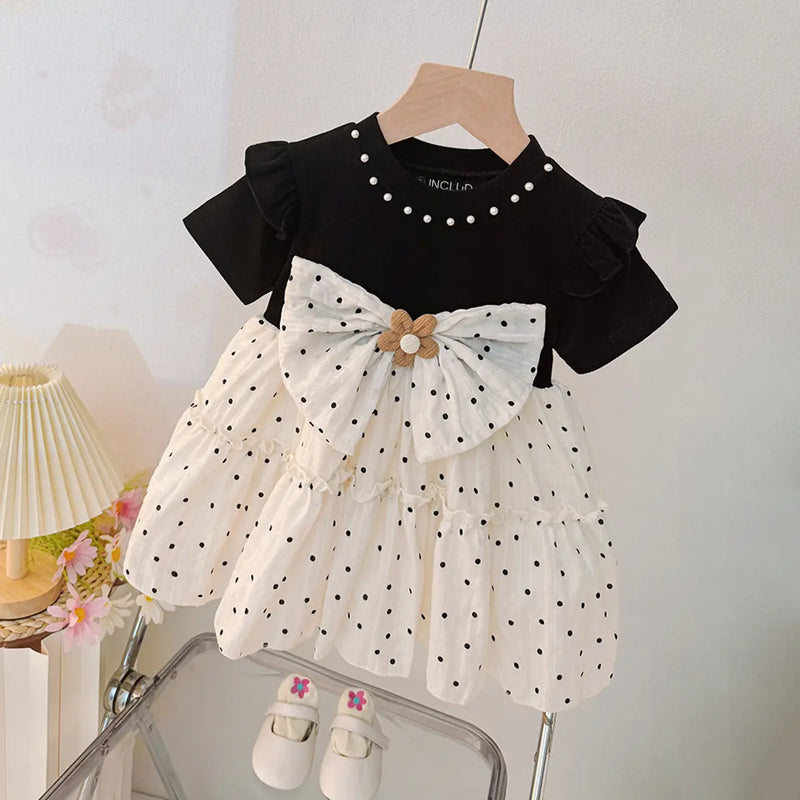 Girls Black Polka Dot Printed Short Sleeve Fit & Flare Dress with Embellished Neck Casual Dresses Black 1-2 Y