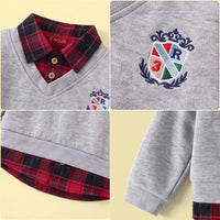 Boy Grey Faux Layered V-Neck Plaid Collared Sweater Sweaters & Cardigans
