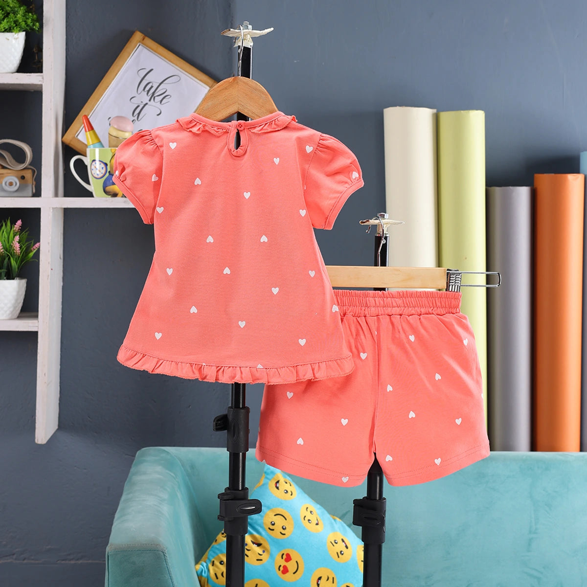 Girls Coral Heart Printed Top With Elasticated Shorts Sets Sets