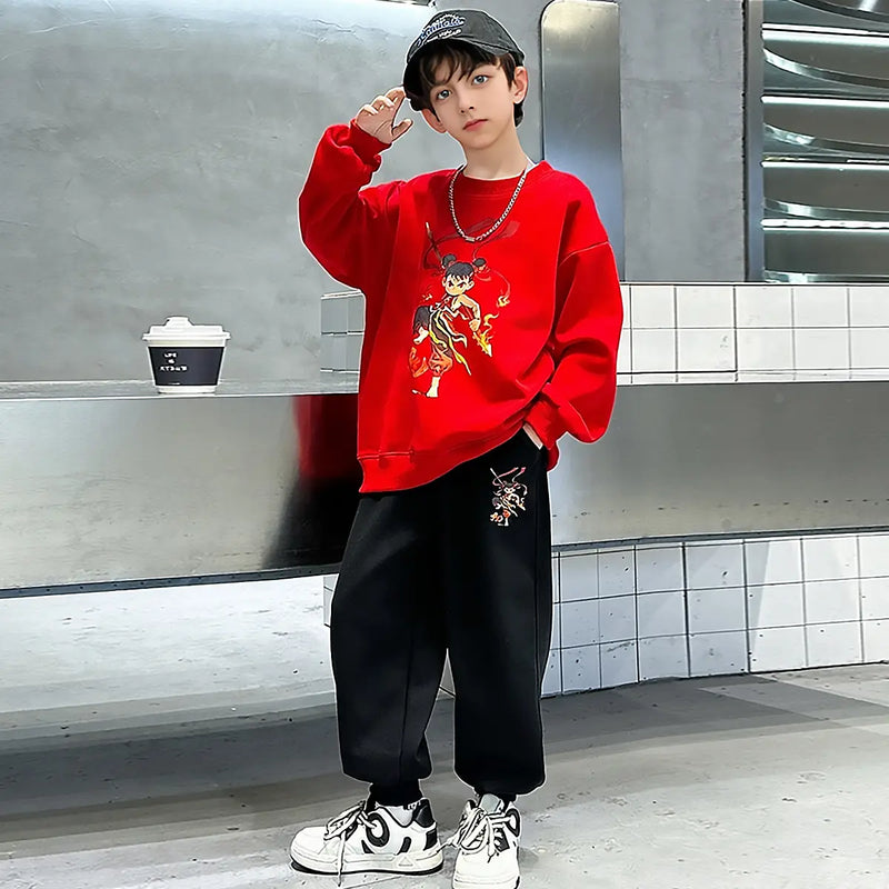 Boys Red Graphics Printed Oversized Sweatshirt With Jogger Co-ord Sets Sets Red 5-6 Y