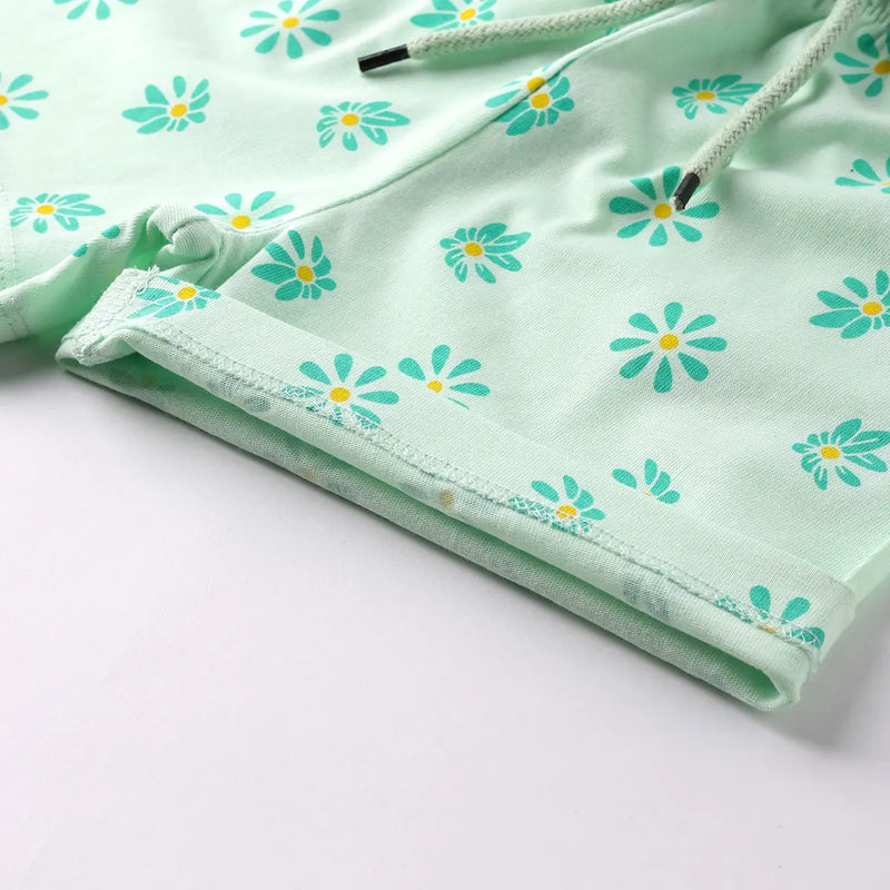 Girls Green Flower Graphic Short Sleeves Top With Printed Shorts Sets Sets