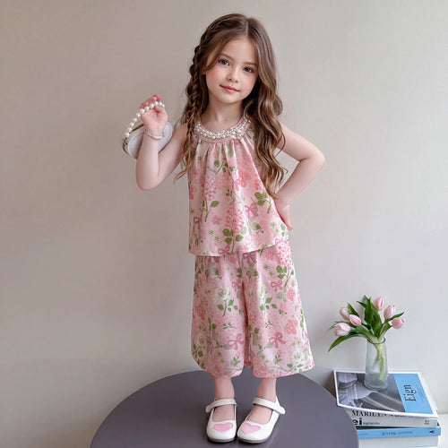 Girls Pink Sleeveless Floral Print Top With Pants Sets 2 pc. Sets Pink 1-2 Y