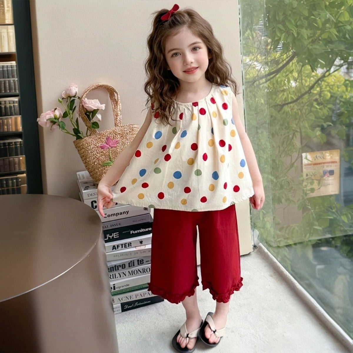 Girls Red Polka Dot Print Top With Elasticated Pants Sets Sets Red 1-2 Y