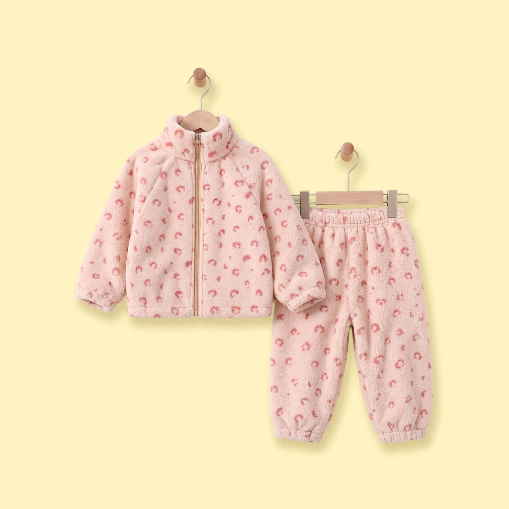 Girls Pink Leopard Printed Fleece Jacket & Pants Co-ord Sets Sets Pink 1-2 Y