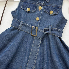 Girls Blue Asymmetrical Hem Sleeveless Denim Dress Casual Dresses