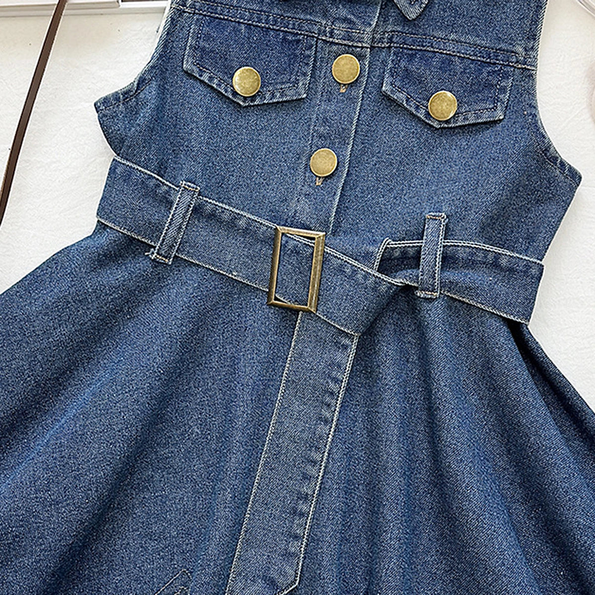 Girls Blue Asymmetrical Hem Sleeveless Denim Dress Casual Dresses