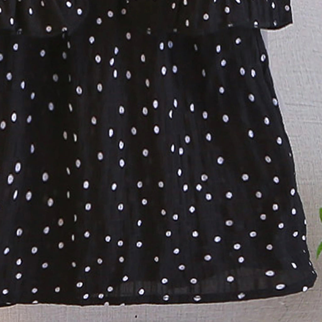 Girls Black Polka Dot Print A-line Dress With Sleeveless Denim Vest Casual Dresses