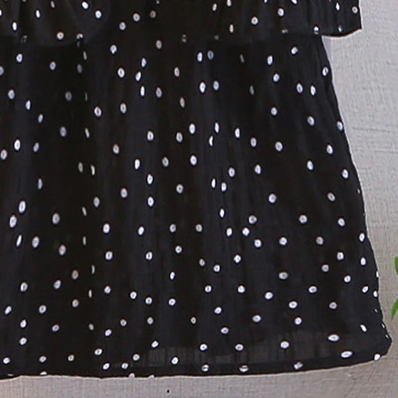 Girls Black Polka Dot Print A-line Dress With Sleeveless Denim Vest Casual Dresses
