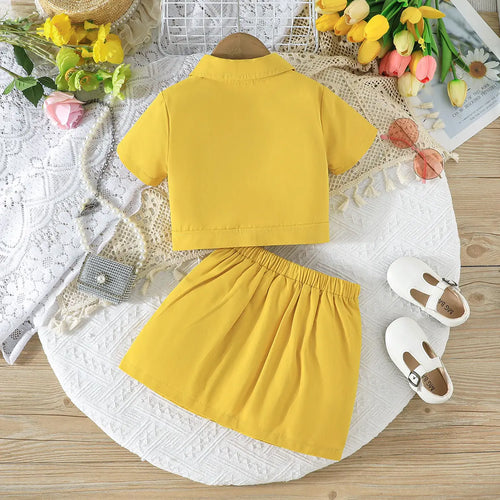 Girls Yellow Self-Design Crop Length Top With Skirt Sets 2 pc. Sets