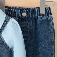 Girls Light Blue Collared Crop Top With Denim Sleeveless Vest & Flared Pants Set Sets