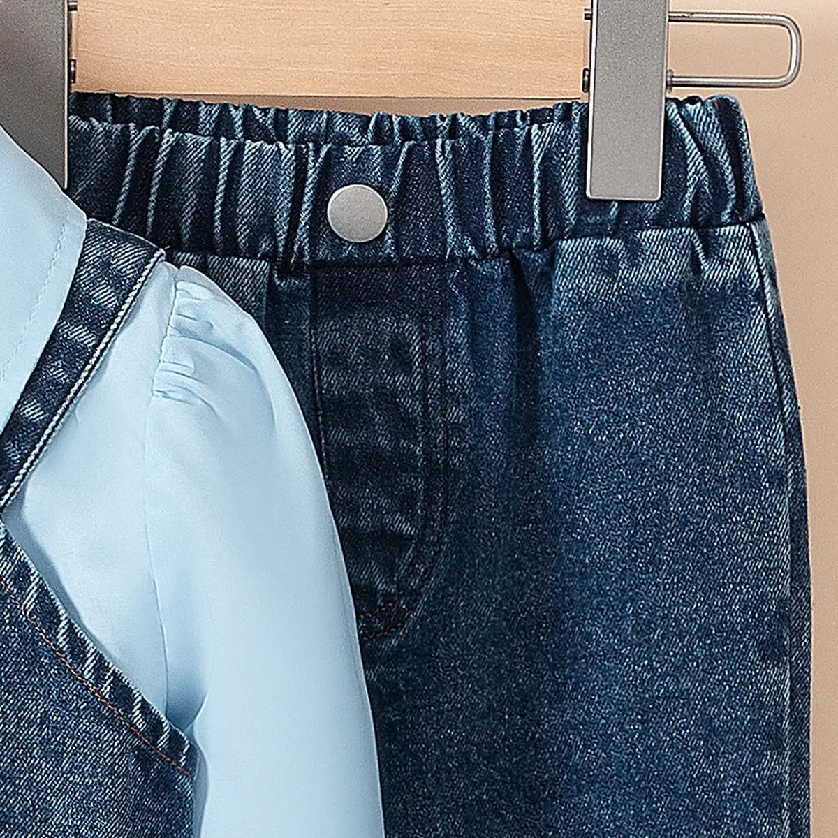 Girls Light Blue Collared Crop Top With Denim Sleeveless Vest & Flared Pants Set Sets