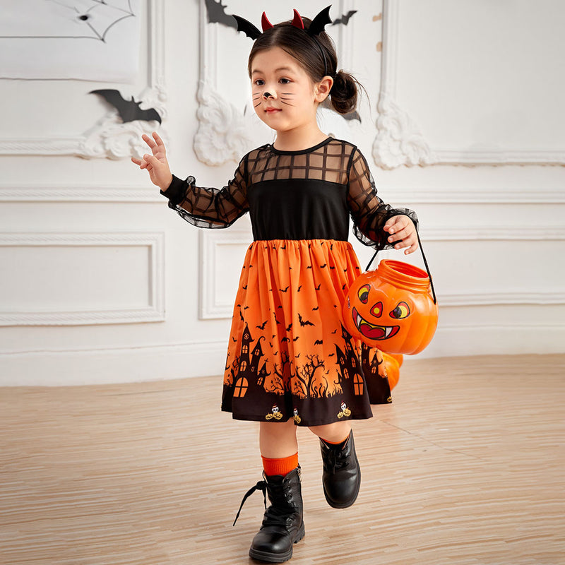 Girls Orange-Black Full Sleeves Halloween Costume Dress Casual Dresses