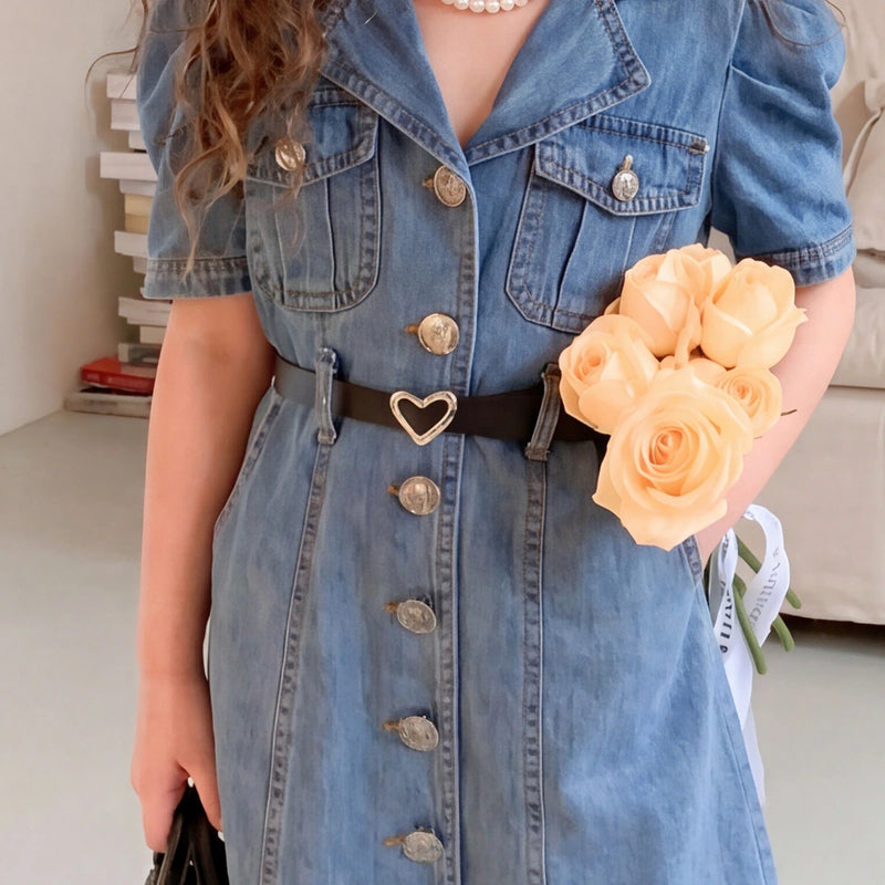 Girls Blue Puff Sleeve Denim Shirt Dress Casual Dresses