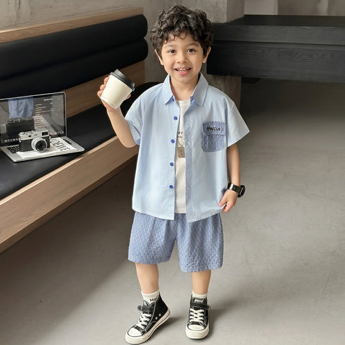 Boys Light Blue Short Sleeves Shirt With Shorts Sets Sets Light Blue 1-2 Y