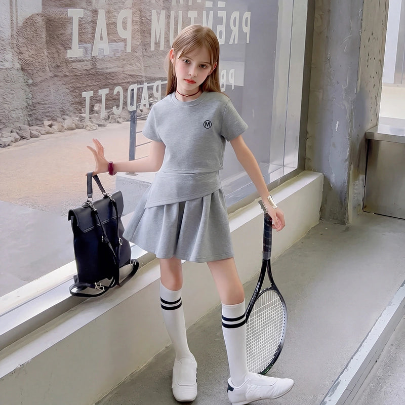 Girls Grey Knitted Top With Flared Skirt Sets Sets Grey 5-6 Y
