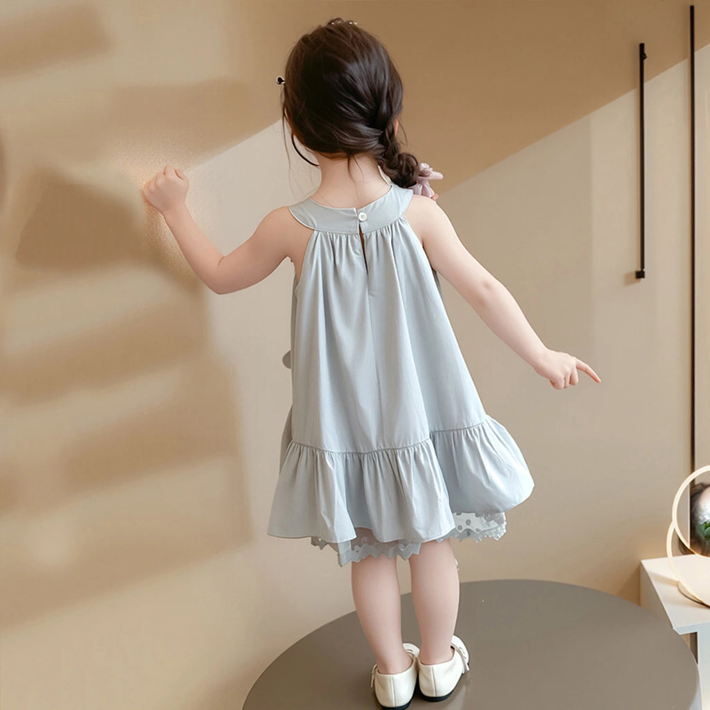 Girls Blue Flowers Applique Sleeveless Summer A-line Dress Casual Dresses