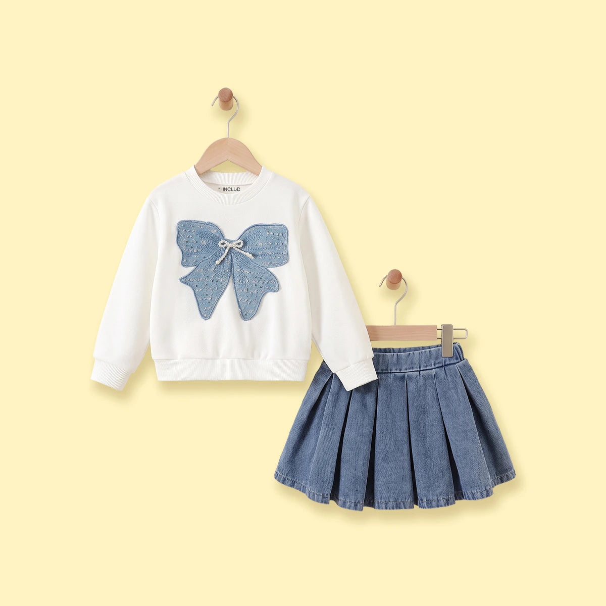 Girls White Bow Applique Sweatshirt With Denim Skirt Sets 2 pc. Sets White 3-4 Y