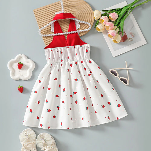 Girls White Strawberry Printed Sleeveless Fit & Flare Dress Casual Dresses
