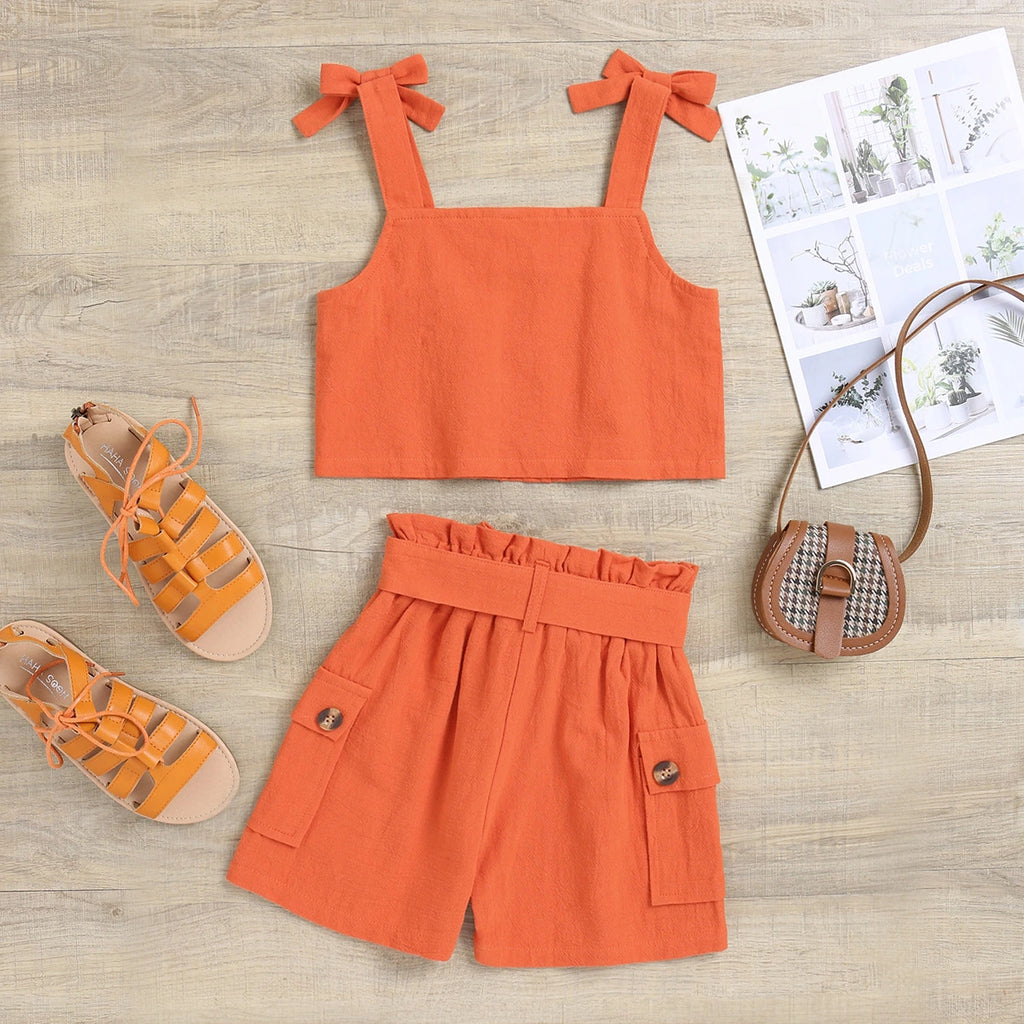 Girls Orange Sleeveless Top With Elasticated Shorts Sets 2 pc. Sets
