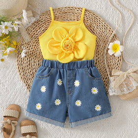 Girls Yellow Big Flower Applique Top With Floral Printed Denim Shorts Set Sets Yellow 3-4 Y