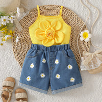 Girls Yellow Big Flower Applique Top With Floral Printed Denim Shorts Set Sets Yellow 3-4 Y