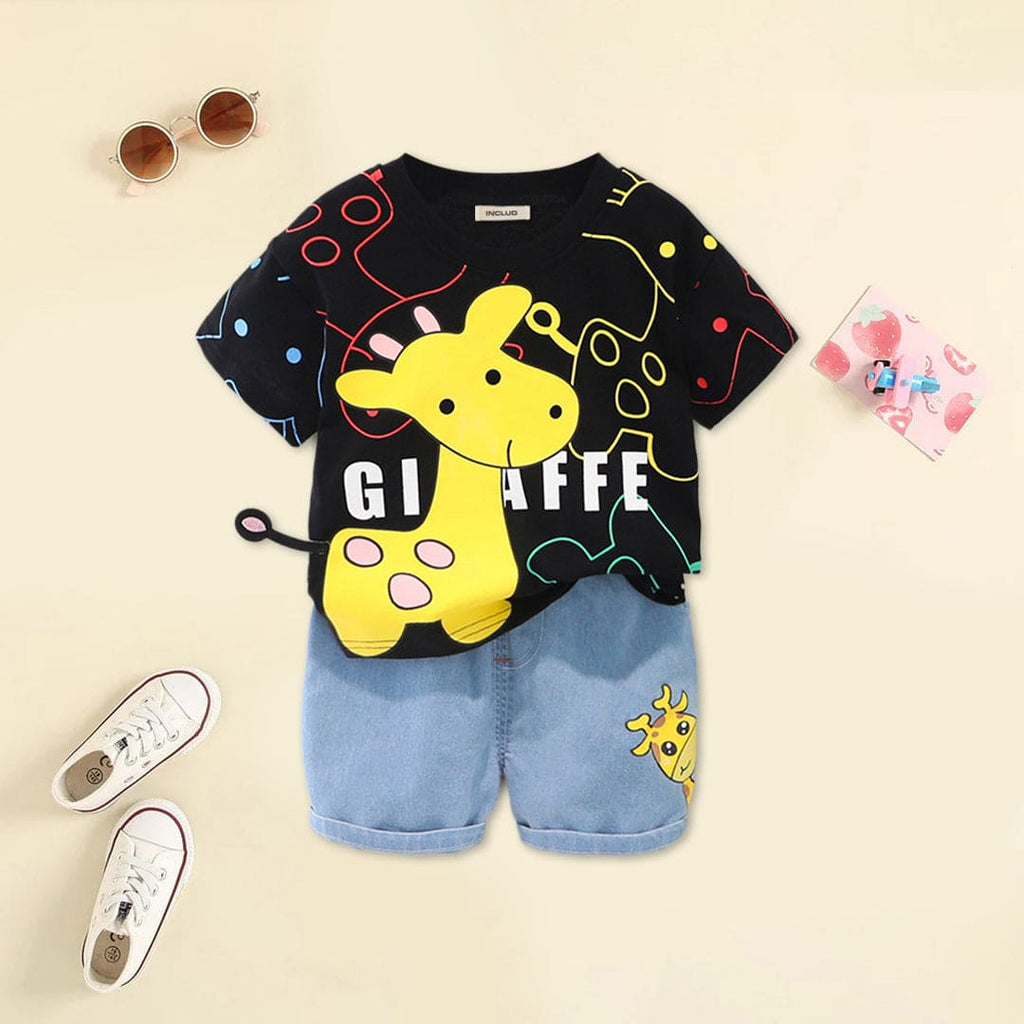 Boys Black Giraffe Graphic T-Shirt With Denim Shorts Sets Black 1-2 Y 