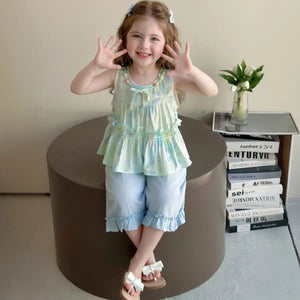 Girls Light Green Ruffle Peplum Top With Crop Pants Sets Sets Light Green 1-2 Y