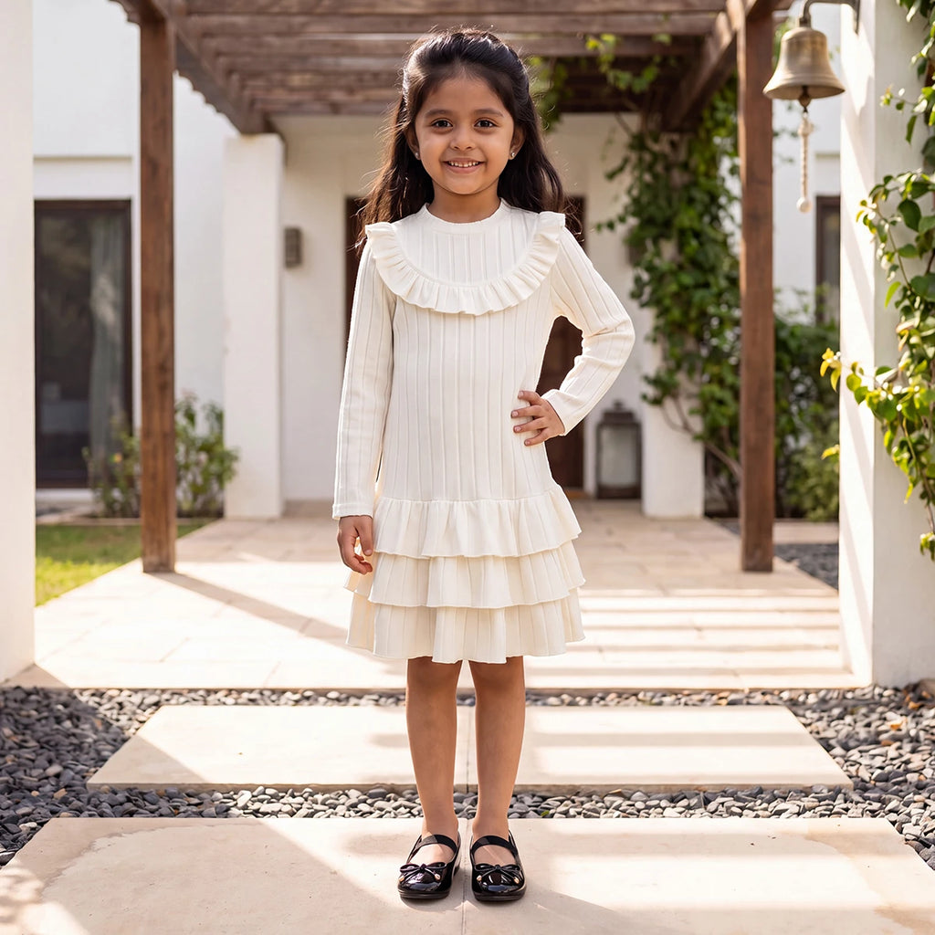 Girls Off White Textured Round Neck Fit & Flare Dress Casual Dresses Off White 3-4 Y