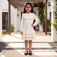 Girls Off White Textured Round Neck Fit & Flare Dress Casual Dresses Off White 3-4 Y