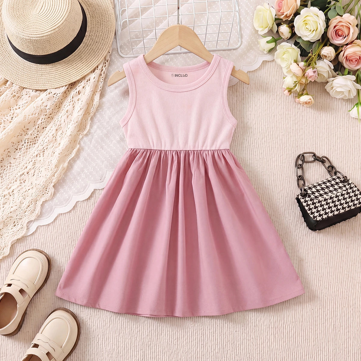 Girls Pink Solid Sleeveless Fit & Flare Dress Casual Dresses Pink 1-2 Y