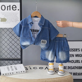 Boys Blue Denim Shirt & Shorts With Printed T-Shirt Sets Sets Blue 1-2 Y