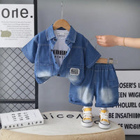 Boys Blue Denim Shirt & Shorts With Printed T-Shirt Sets Sets Blue 1-2 Y