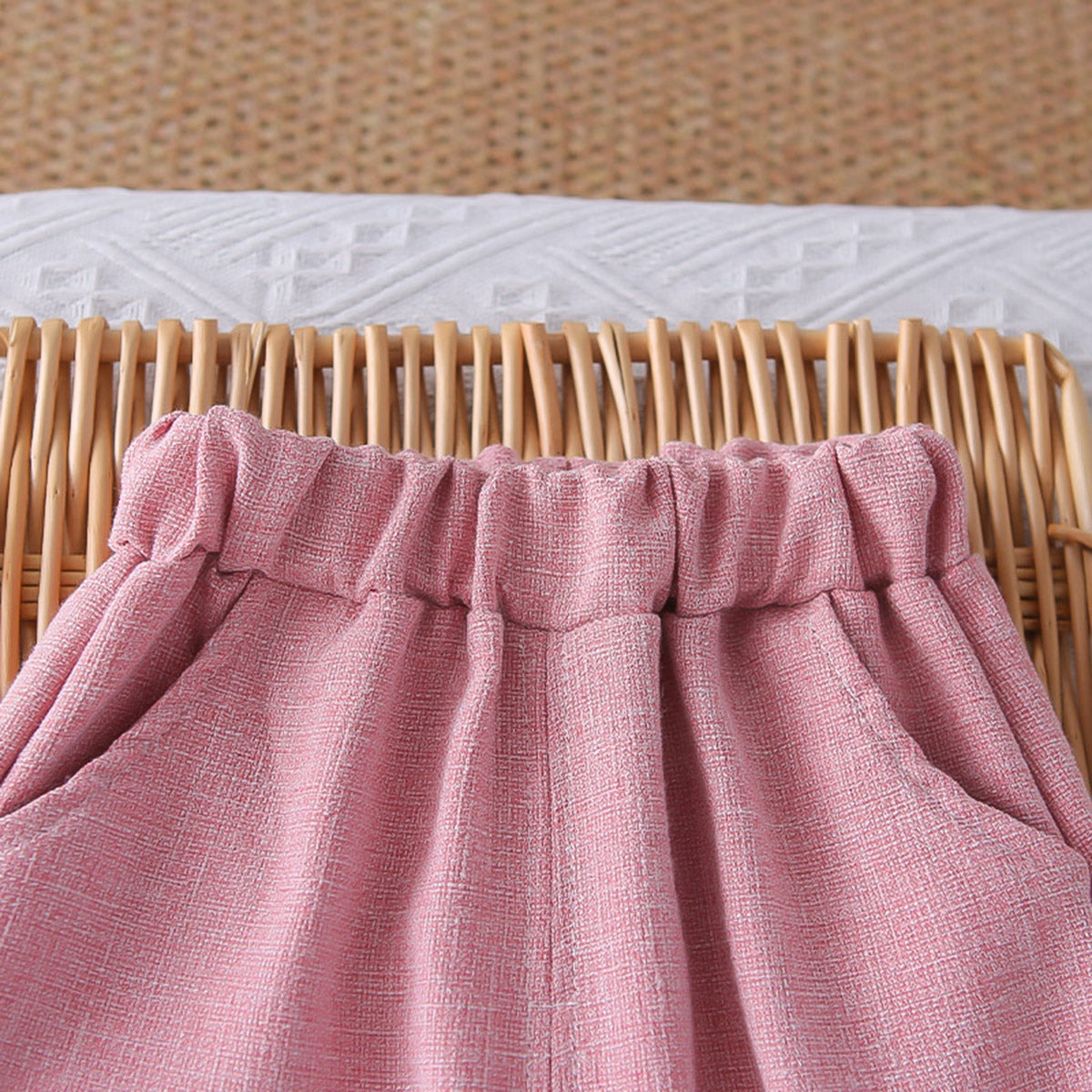 Girls Pink Textured Sleeveless Jacket With Top & Pants Set Sets