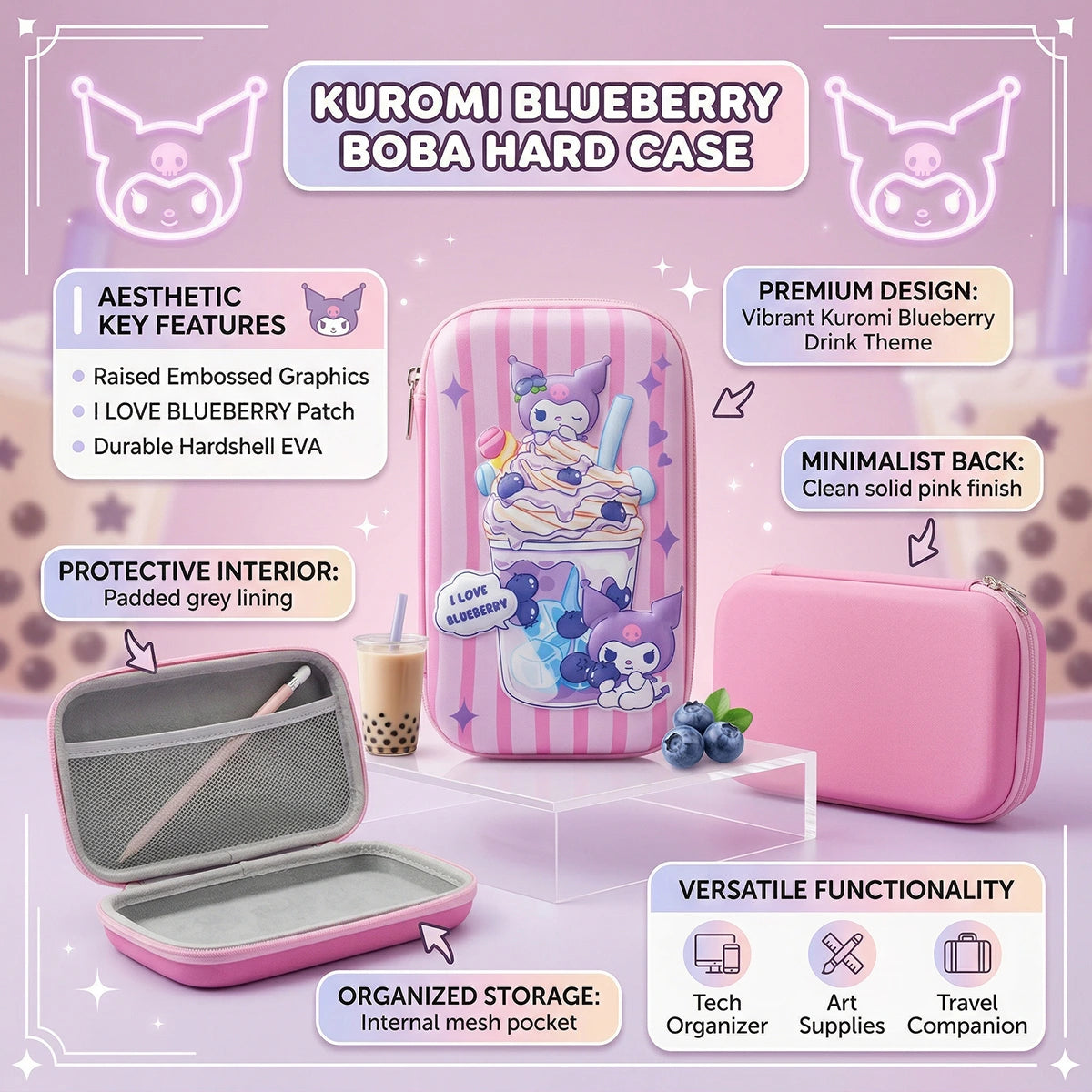 Girls Pink Kuromi Cartoon Hard-Shell Pencil Box Trending Accessories