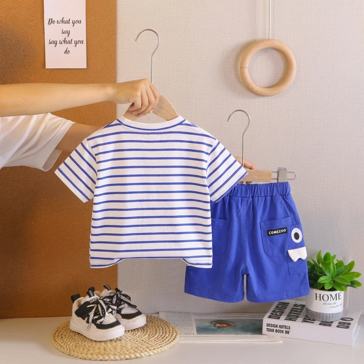 Boys Royal Blue Dinosaur Striped T-Shirt With Shorts Sets 2 pc. Sets