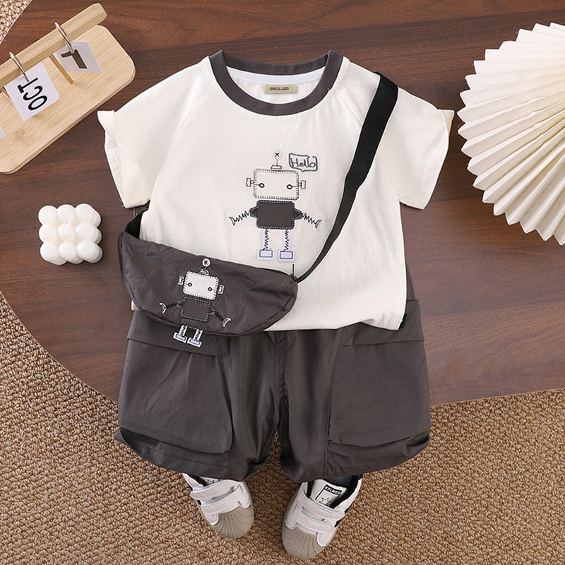 Boys Graphic Printed T-Shirt With Dark Grey Sling Bag And Cargo Shorts Set Sets Dark Grey 1-2 Y
